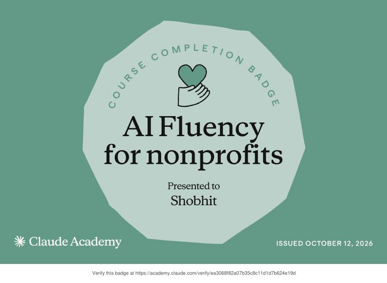 Claude Academy completion badge: AI Fluency for nonprofits - Shobhit Kumar Prabhakar