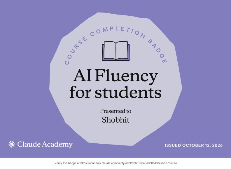 Claude Academy completion badge: AI Fluency for students - Shobhit Kumar Prabhakar