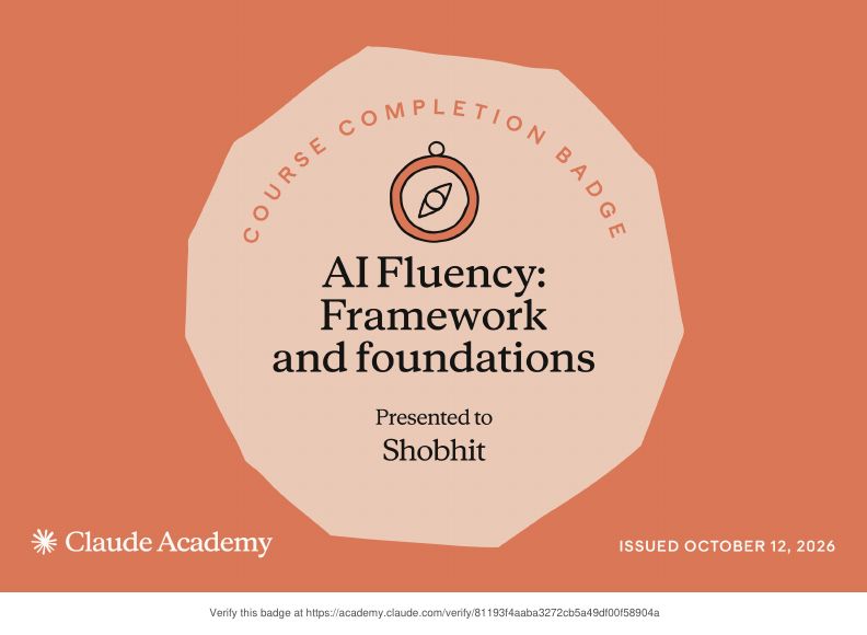 Claude Academy completion badge: AI Fluency: Framework and foundations - Shobhit Kumar Prabhakar