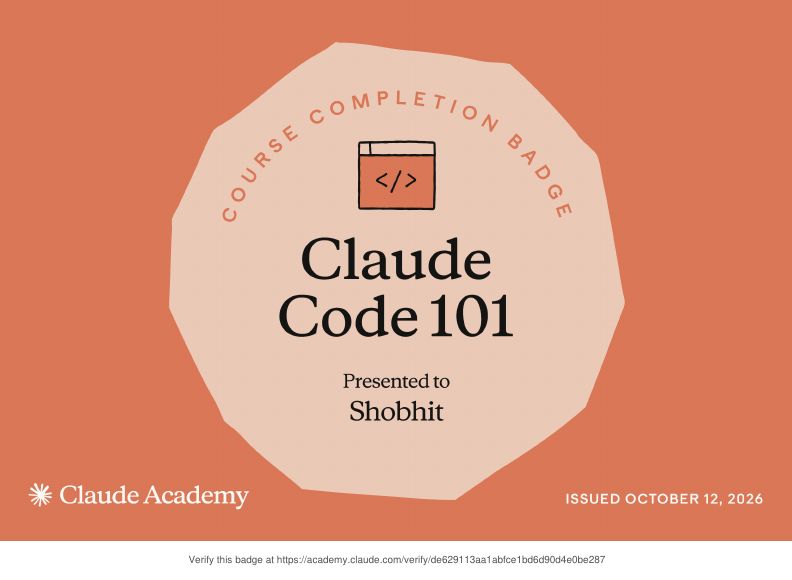 Claude Academy completion badge: Claude Code 101 - Shobhit Kumar Prabhakar