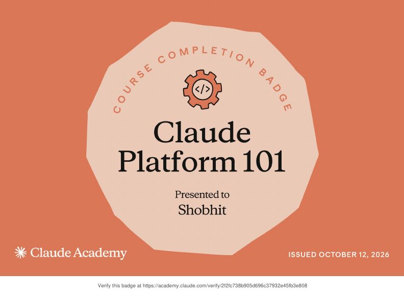 Claude Academy completion badge: Claude Platform 101 - Shobhit Kumar Prabhakar