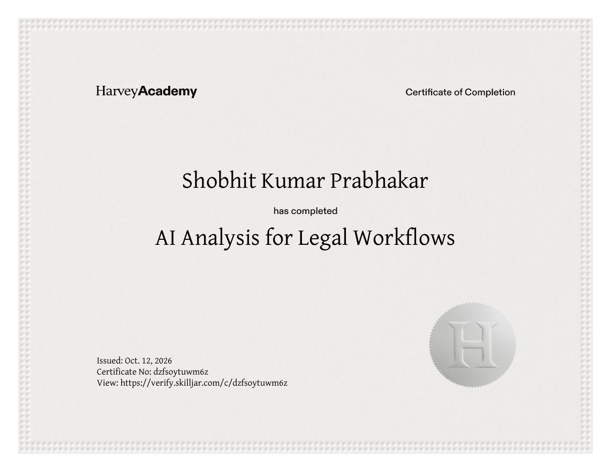 Harvey Academy certificate: AI Analysis for Legal Workflows - Shobhit Kumar Prabhakar