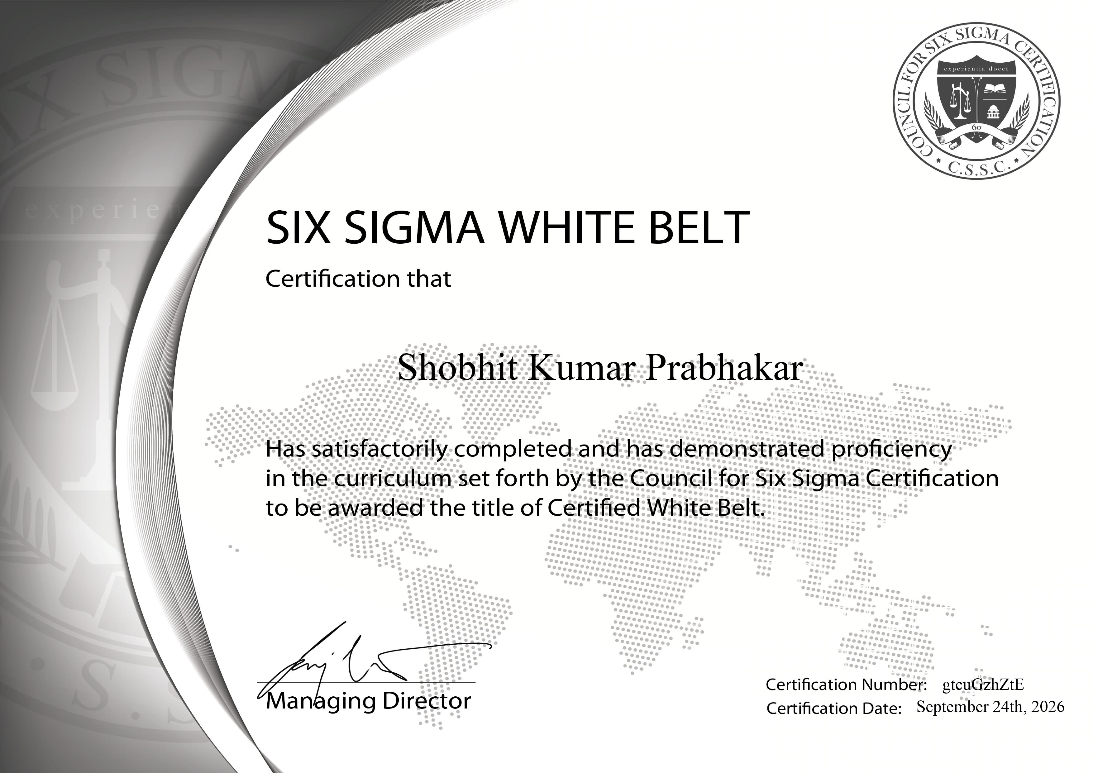 Six Sigma White Belt Certificate - Shobhit Kumar Prabhakar